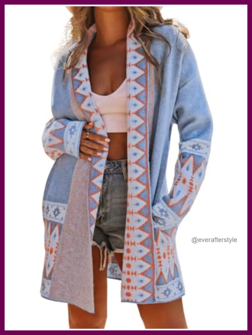 Aztec Print Jacquard Knit Open Front Cardigan Long Sleeve Boho Sweater Coat